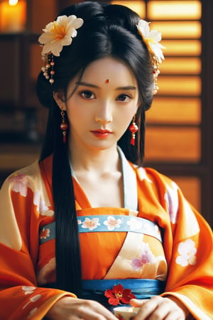 hands_, realistic, 1girl, solo, candle, hair ornament, realistic, jewelry, long hair, flower, hair flower, black hair, necklace, looking at viewer, indoors, chinese clothes, sash, earrings, kimono, black eyes, blurry, sitting,off-the-shoulder cinematic_lighting,
