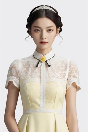 Best quality,masterpiece,ultra high res,photorealistic,1girl,solo,looking at viewer,studio light,realistic,photorealistic,tuxedo,Pastel Yellow,a supernatural political campaign, Half Body,wearing lace-trimmed dress,white,white background,
