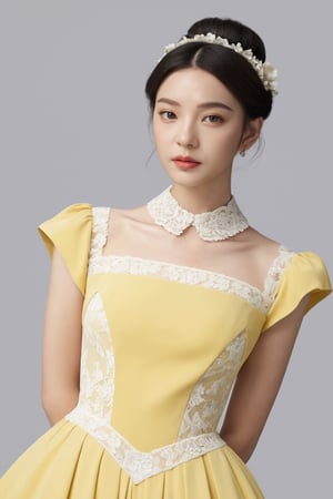 Best quality,masterpiece,ultra high res,photorealistic,1girl,solo,looking at viewer,studio light,realistic,photorealistic,tuxedo,Pastel Yellow,a supernatural political campaign, Half Body,wearing lace-trimmed dress,white,white background,
