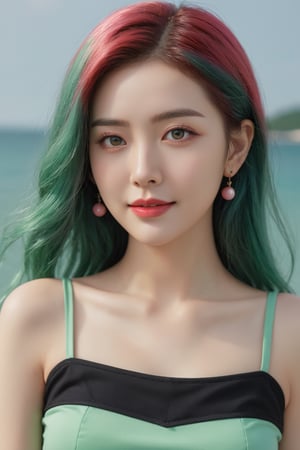 Best Quality,Masterpiece,Ultra High Resolution,(Realisticity:1.4),photorealistic,extreme detailed,Original Photo,1girl,portrait,(full body),long hair,pink & green hair,solo,(dynamic posture:1.4),mini_skirt,crop top,upper breast,(dark sea green tone:1.2),looking at the audiences,red lips,smile,50mm,F0.8,8K raw,depth of field,