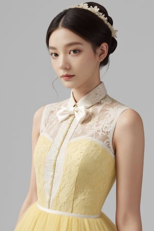 Best quality,masterpiece,ultra high res,photorealistic,1girl,solo,looking at viewer,studio light,realistic,photorealistic,tuxedo,Pastel Yellow,a supernatural political campaign, Half Body,wearing lace-trimmed dress,white,white background,
