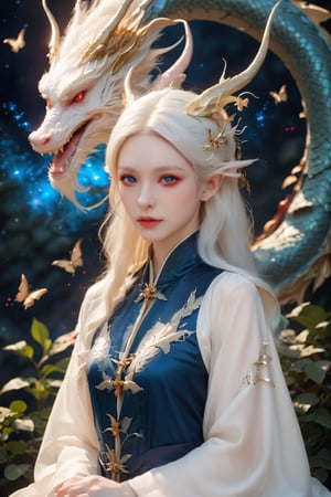 Create a portrait of a albino elf, wearing a witch hat, pale skin, ((red eyes)), white dress, blue butterflies flying, Chinese, closed up view, moonlight, dragon,
