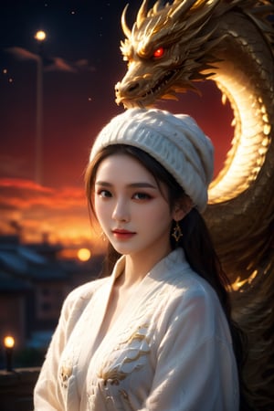 (RAW photo, best quality), (realistic, photo-Realistic:1.3), best quality, masterpiece, beautiful and aesthetic, 16K, (HDR:1.4), high contrast, (vibrant color:0), dragon in background, (muted colors, dim colors, soothing tones:1.4), cinematic lighting, ambient lighting, sidelighting, Exquisite details and textures, cinematic shot, Cold tone, (Bright and intense:1.1), wide shot, by xm887, ultra realistic illustration, siena natural ratio, (city night view theme:1.4), head to toe, long Wave hair, multicolored hairlighting, (a shy smile:1.2), red eyes, white knit sweater, white knit Beanie, white knit gloves, a beautiful Turkish girl, seductive look, sexy eyes, simple gradients, skin grain detail, a small earrings, sf, intricate artwork masterpiece, ominous, matte painting movie poster, golden ratio, trending on cgsociety, intricate, epic, trending on artstation, by artgerm, h. r. giger and beksinski, highly detailed, vibrant, production cinematic character render, ultra high quality model
