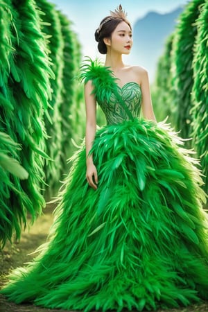 1girl,a gorgeous long dress made of feathers,green feather,huge feathers,complex background,beautiful background,(feathers everywhere:1.3),depth of field level,
,chinese girls
