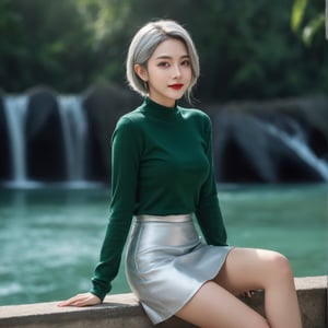 Best Quality,Masterpiece,Ultra High Resolution,(Realisticity:1.4),photorealistic,extreme detailed,Original Photo,1girl,portrait,(fullbody),elf,silver hair,solo,(dynamic posture:1.4),mini_skirt,(dark sea green tone:1.2),looking at the audiences,red lips,smile,50mm,F0.8,8K raw,depth of field,