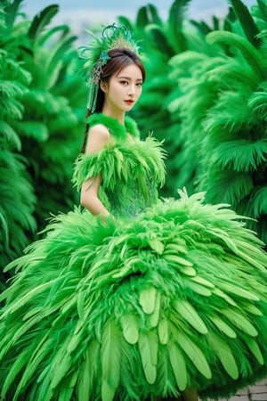 1girl,a gorgeous long dress made of feathers,green feather,huge feathers,complex background,beautiful background,(feathers everywhere:1.3),depth of field level,
,chinese girls