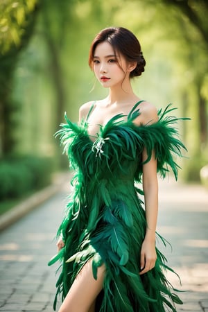 1girl,a gorgeous long dress made of feathers,green feather,huge feathers,complex background,beautiful background,(feathers everywhere:1.3),depth of field level,
,chinese girls