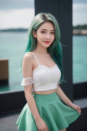 Best Quality,Masterpiece,Ultra High Resolution,(Realisticity:1.4),photorealistic,extreme detailed,Original Photo,1girl,portrait,(full body),long hair,pink & green hair,solo,(dynamic posture:1.4),mini_skirt,crop top,upper breast,(dark sea green tone:1.2),looking at the audiences,red lips,smile,50mm,F0.8,8K raw,depth of field,