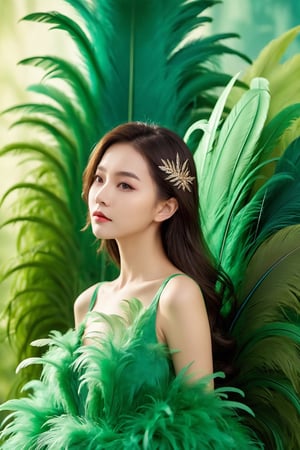 1girl,a gorgeous long dress made of feathers,green feather,huge feathers,complex background,beautiful background,(feathers everywhere:1.3),depth of field level,
,chinese girls
