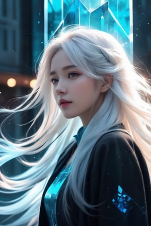 realistic photo,abandoned,1girl,solo, long hair,(beautiful hands) (white hair:1.4),(shard of glass:1.4),up body,A shot with tension,(sky glows cyan,Visual impact,giving the poster a dynamic and visually striking appearance:1.2),
