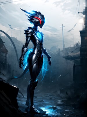 Create a digital  futuristic allien walking in undiscovered planet, armor made of zirconium, helmet made out of dragon ,beautiful and colorful world. rich colors , perfect lighting , background of destroyd village 
roujinzhi,