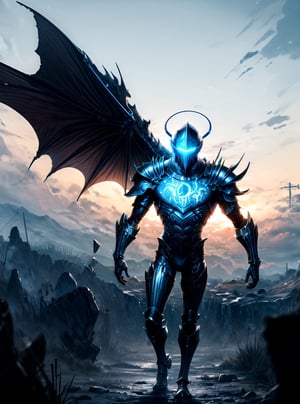 Create a digital  futuristic allien walking in undiscovered planet, armor made of zirconium, helmet made out of dragon ,beautiful and colorful world. rich colors , perfect lighting , background of destroyd village 
roujinzhi,