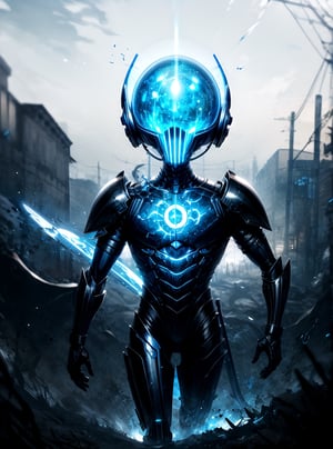 Create a digital  futuristic allien walking in undiscovered planet, armor made of zirconium, helmet made out of dragon ,beautiful and colorful world. rich colors , perfect lighting , background of destroyd village 
roujinzhi,