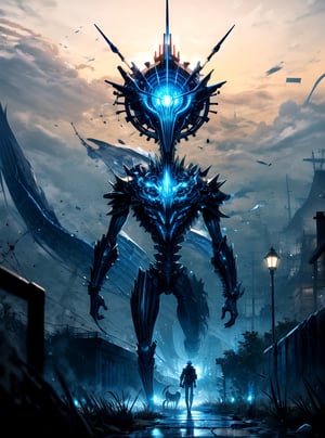 Create a digital  futuristic allien walking in undiscovered planet, armor made of zirconium, helmet made out of dragon ,beautiful and colorful world. rich colors , perfect lighting , background of destroyd village 
roujinzhi,