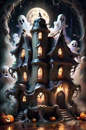 Ghost House pumpkin ghost is carry environment horror environment dark team Halloween time Halloween house full moon night, most powerful Halloween picture, every detail must be perfect, every  detail must be perfect and Right, no mistake in the picture, Fantasy,High Renaissance,EpicLand,detailmaster2,text as "",DonMn1ghtm4reXL, high_resolutio, hi_resolution,aw0k euphoric style,style_brush,style_poppins,more detail XL