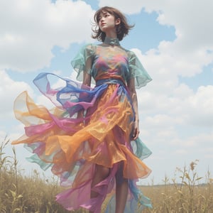 Inspired by photography from Vogue magazine, On a cloudy day, a woman is wearing a romantic transparent gauze, like clouds, a colorful long skirt, the woman's face is looming, the atmosphere is like smoke and a dream, it is indescribably beautiful.