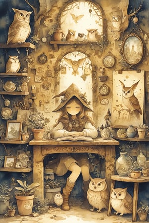 sepia color,
myths of another world,Nostalogic atmosphere,
pagan style graffiti art, 
Inside the secondhand store, framed paintings, furniture, pots, and a proud owl.
watercolor \(medium\),