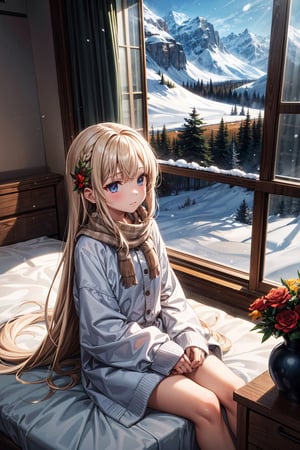 (masterpiece, best quality),Snow falls outside the window of a girls room. BREAK A girl with a sad expression sits on the bed, leaning against the wall. She is wrapped in a white blanket with orange flowers. Her long brown hair covers her ears. Her hands are hidden inside the blanket. BREAK The window is open, with a wooden frame and a white curtain on the left. Snow is piled up on the frame. Below the window, there is a small vase with a red flower. BREAK The girl looks at the snowy landscape, with snow-covered roofs, forest and mountains. The mood is lonely and peaceful., Anime,Enhanced All,ghibli,illustrator,sticker design