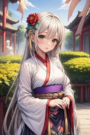 1 girl, solo, long white hair, shiny green eyes, detailed eyes, blink and youll miss it detail, silk hanfu, white robe hanfu, purple glittering butterflies, outdoors, flower garden, high quality, ancient chinese hanfu, floral background, very detailed