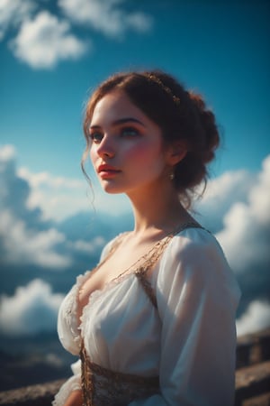 Byzantine girl with blue sky and white clouds background, sexy outfit, upper body, front view, (Masterpiece, Top Quality, Top Image Quality, Official Art, Aesthetic and Beautiful: 1.2), (1girl: 1.4), beautiful white skin, shining dark brown eyes, clear eyes, running nose, smiling face, portrait, extreme color, best Fine Detail, Simple Background, 16K, High Resolution, Perfect Dynamic Composition, Bokeh, (Sharp Focus:1.2), Super Wide Angle, High Angle, High Color Contrast, Medium Shot, Depth of Field, Background Blur,,itacstl