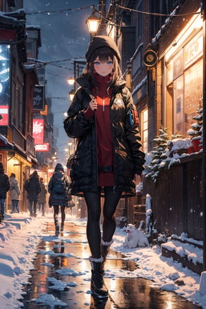 absurdres, highres, ultra detailed, (1girl:1.3), BREAK ,A girl walks in the snowy city at night
