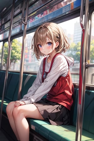 cute girl sitting on a bus, natural lighting from window, 35mm lens, soft and subtle lighting, girl centered in frame, shoot from eye level, incorporate cool and calming colors