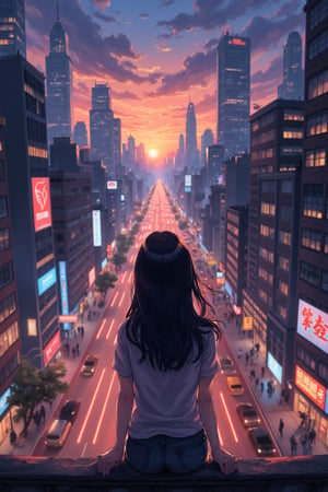 (masterpiece, best quality), (busy city,bustling atmosphere,silhouette of a teenage girl at the top of a building looking down at the street), dusk, neon lights, high-rise buildings, twinkling cityscape, energetic pedestrians, rushing traffic, vibrant colors, urban metropolis, hustle and bustle, modern architecture, skyscrapers, city lights, asphalt roads, flickering street lamps, urban soundscape, blurred motion of cars and people, urban sprawl, city at night, nightlife, teenager's contemplative stance, isolated figure, loneliness in the crowd, ethereal atmosphere, mysterious aura, reflection of city lights on the windows, warm glow of the setting sun, exciting energy, imposing shadows, towering skyscrapers, rebellious spirit, expansive city view, vivid vitality, metropolitan dreamscape, urban exploration, romanticized chaos, captivating skyline, anonymous faces, concrete jungle, raw emotions, inspiring heights, clenched fists, hazy skyline, endless possibilities,Enhanced All,ghibli,cyber,kedamamilk