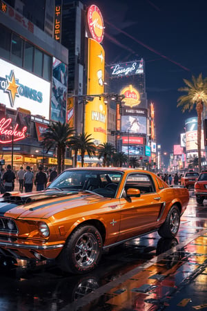 Photo of a classic red mustang car parked in las vegas strip at night