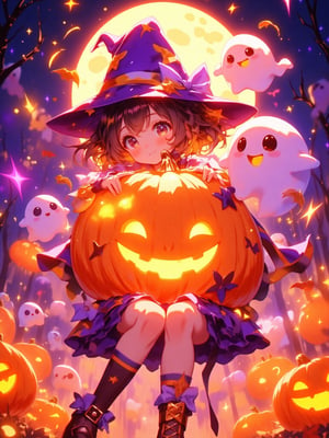 Pumpkin,Pumpkin,Pumpkin!!

Adorable anime-style Halloween scene featuring a cute girl hugging a friendly, glowing pumpkin ghost with a warm smile. Small pumpkin ghosts hover around her, playfully floating in the air, their expressions full of joy and mischief. The girl is dressed in a cute, witch-inspired outfit, and the whole scene radiates a fun, cozy Halloween vibe. The colors are vivid and lively, filled with autumn tones like oranges, purples, and soft, glowing yellows. A glowing full moon and swirling stars create a magical background.
