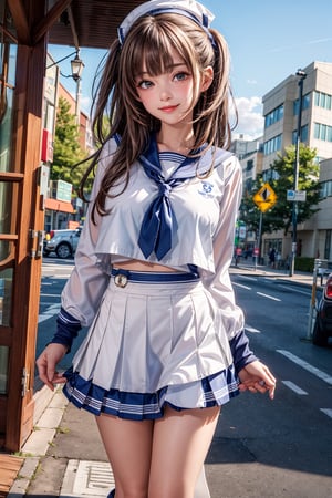 ((masterpiece:1.4,  best quality)),  ((masterpiece,  best quality)), 1girl, (cute little girl),  bangs,  blush,   closed_mouth, dress, kneehighs,  long_sleeves,  looking_at_viewer,  , smile, solo, (mini skirt:1.3), (thighs:1.2), , (school uniform:1.1), (white sailor suit), (serahuku:1.3)), outdoor,(white_panty:1.1)