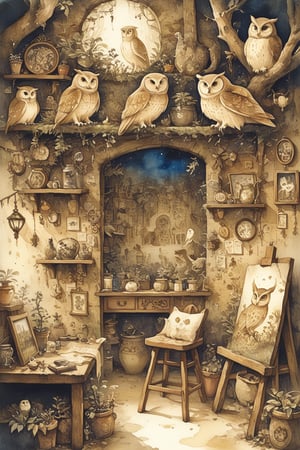 sepia color,
myths of another world,Nostalogic atmosphere,
pagan style graffiti art, 
Inside the secondhand store, framed paintings, furniture, pots, and a proud owl.
watercolor \(medium\),