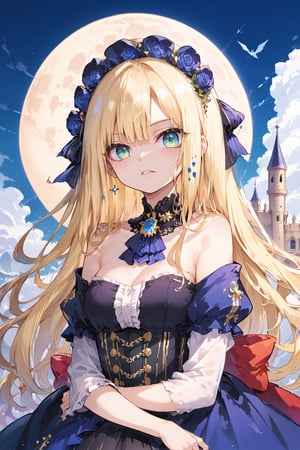 Elegantism, opulent scene, full portrait of a Victorian lady, heroic, black clothes, gold trim, full moon, castle, head and shoulders portrait, 8k resolution. (masterpiece, top quality, best quality, official art, beautiful and aesthetic:1.2), (1girl:1.4), upper body, blonde hair, portrait, extreme detailed, in the style of esao andrews

BREAK,source_anime,score_7_up,score_8_up,score_9