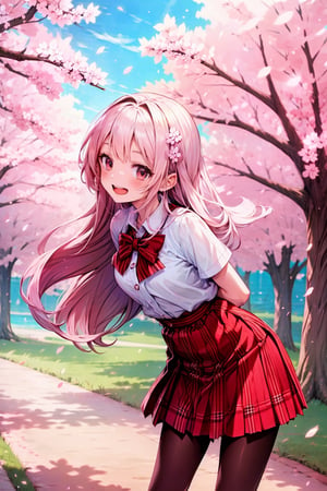 masterpiece, best quality, highres, aamahiru, long hair, red bowtie, white shirt, short sleeves, plaid skirt, brown skirt, pantyhose, , standing, cowboy shot, leaning forward, arms behind back, outdoors, cherry blossoms, smile, open mouth.