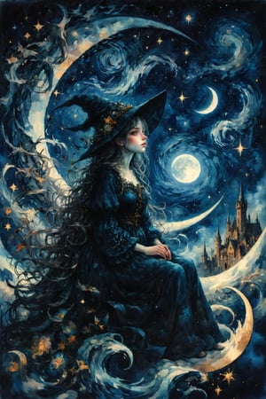 (masterpiece, top quality, best quality, official art, beautiful and aesthetic:1.2), (1girl:1.4), extreme detailed, a witch sitting on a crescent moon through a starry night, captured in the detailed gouache style of Hieronymous Bosch and Klimt,