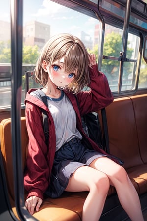 cute girl sitting on a bus, natural lighting from window, 35mm lens, soft and subtle lighting, girl centered in frame, shoot from eye level, incorporate cool and calming colors