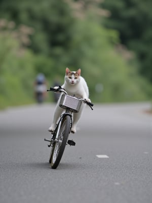 1 cat riding a bicycle
, photography, best quality, medium shot