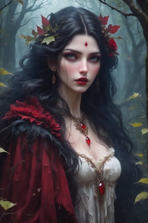 
In the heart of a desolate, moonlit forest, a forlorn vampire maiden stands alone amidst withered trees and crumbling ruins. Her alabaster skin glows eerily under the pale light, accentuating the sorrow in her hauntingly beautiful eyes. Dressed in tattered, elegant garments of deep crimson and midnight black, she embodies a melancholic grace. The cold wind whispers through the decayed foliage, carrying faint echoes of her mournful past. Shadows dance around her, and the scent of blood lingers in the air, as she waits, eternally cursed, yearning for a love lost to the passage of centuries.