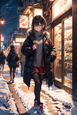 absurdres, highres, ultra detailed, (1girl:1.3), BREAK ,A girl walks in the snowy city at night