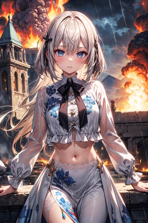 (((masterpiece))),best quality, illustration,(beautiful detailed girl),beautiful detailed glow,((flames of war)),(((nuclear explosion behide))),rain,detailed lighting,detailed water,(beautiful detailed eyes),expressionless,palace,azure hair,disheveled hair,long bangs,hairs between eyes,(whitegrey dress),black ribbon,white bowties,midriff,big forhead,blank stare,flower,long sleeves