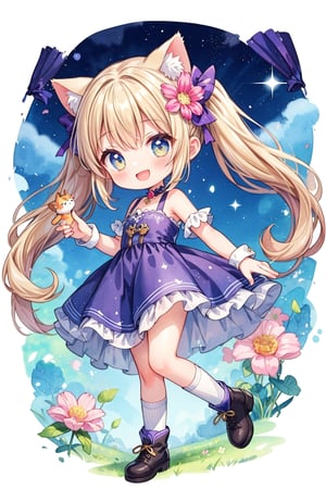 Cat-eared girl in long boots,chibi,smile,(twin tail:1.2),princess,dress,flowers,Watercolor,(high socks:1.5)