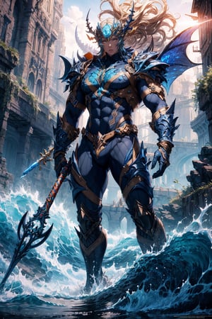 Poseidon, lord of the seas, glowing white eyes, wearing blue garments, trident in hand, commanding the waves of the seas, full body portrait dim volumetric lighting, 8k octane beautifully detailed render, post-processing, portrait, extremely hyper-detailed, intricate, epic composition, cinematic lighting, masterpiece, very very detailed, masterpiece, stunning Detailed matte painting, deep color, fantastical, intricate detail, splash screen, complementary colors, fantasy concept art, 8k resolution trending on Artstation Unreal Engine 5