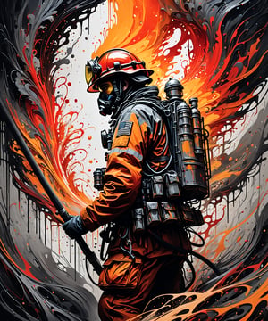 Ultra wide photorealistic image. Caption "SKENETRA". Graffiti, Firefighter in action. Dark sun, giant cybernetic abstract, black and orange-red gray, ink flow - 8k photorealistic masterpiece - by Aaron Horkey and Jeremy Mann - close-up. liquid gouache: Jean Baptiste Mongue: calligraphy: acrylic: color watercolor, cinematic lighting, maximalist photo illustration: marton Bobzert: 8k concept art, intricately detailed realism, complex, elegant, vast, fantastic and psychedelic, dripping with color,g1h3r