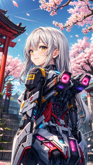 masterpiece, best quality, 1girl, yellow eyes, Beautiful face, delicate eyes, smile, long hair, white hair, tree, stairs, standing, sky, cherry blossoms, temple, looking at viewer, upper body, from below, looking back, ((Mecha)), young girl, Cyberpunk, CyberMechaGirl