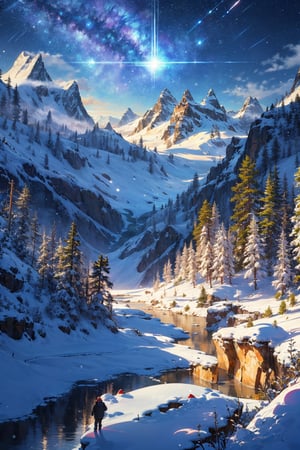 {{{masterpiece}}}, {{the best quality, super fine illustrations, beautiful and delicate water}}, {{very delicate light}}, {{nature, painting}}, {{fine lighting, more transparent stars, high-quality snowflakes, high-quality mountains, very fine 8KCG wallpapers}}, (plateau), (((snow mountain))), sunrise, randomly distributed clouds, (snow field), cliff, ((rotating star sky)), ((lake in mountain stream)), luminous particles