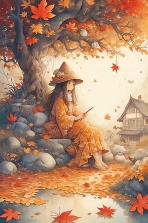 (Pencil Art:1.4),In autumn, orange and red maple leaves form a beautiful picture, subtle and charming light and shadow effects, a dream-like scene, infinite possibilities in the digital world, ultra-realistic, ultra-clear, complex details, ultra-wide-angle lens 16k