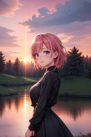 Best work, (Best quality, ,HDR, 8k, 32k, raw photo, photorealistic, UHD:1.2), beautiful 20 year old girl in long black dress at the lakeside in a forest, eyes, pink hair, detailed face, perfect face, pond, dark sky, lights in the background, realism, red sky, detailed sky, realistic clouds, sun, bright environment, late afternoon, sun rays in the clouds