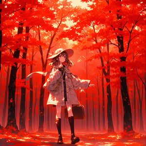 A young girl dressed in autumn fashion, strolling through a vibrant autumn forest. The forest is filled with beautiful red and orange leaves, showcasing the colors of fall. The girl has a relaxed and peaceful expression, enjoying the serene atmosphere of the season. The scene emphasizes the warmth and beauty of the red-tinted forest in autumn.



