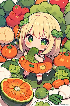 ((masterpiece:1.4, best quality)), ((masterpiece, best quality)),illustration,(1girl:1.5),(vegetables:1.5),(vegetables mascot costume:1.2),Carrot, Tomato, Potato, Spinach, Broccoli, Onion, Lettuce, Bell Pepper, Cucumber, Cauliflower, Eggplant, Zucchini, Pumpkin, Sweet Potato, Radish, Cabbage, Peas, Corn, Asparagus, Brussels Sprouts,chibi girl