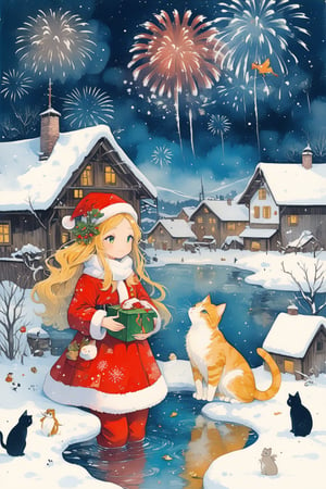 masterpiece, best quality, domestic_long-haired_cat, flat color, oil painting style, winter season, Christmas, snow, with colorful fireworks, flooded
,ink ,oil paint