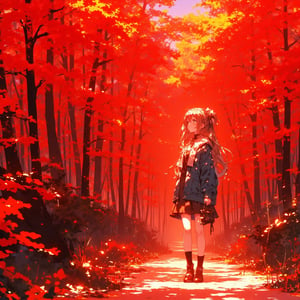 A young girl dressed in autumn fashion, strolling through a vibrant autumn forest. The forest is filled with beautiful red and orange leaves, showcasing the colors of fall. The girl has a relaxed and peaceful expression, enjoying the serene atmosphere of the season. The scene emphasizes the warmth and beauty of the red-tinted forest in autumn.



